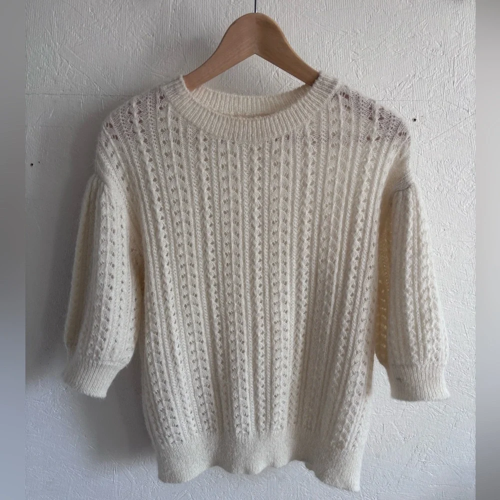 OAK + FORT Textured Cream Knit Woven Puff Sleeve Boho Oversized Sweater Top - Picture 4 of 9